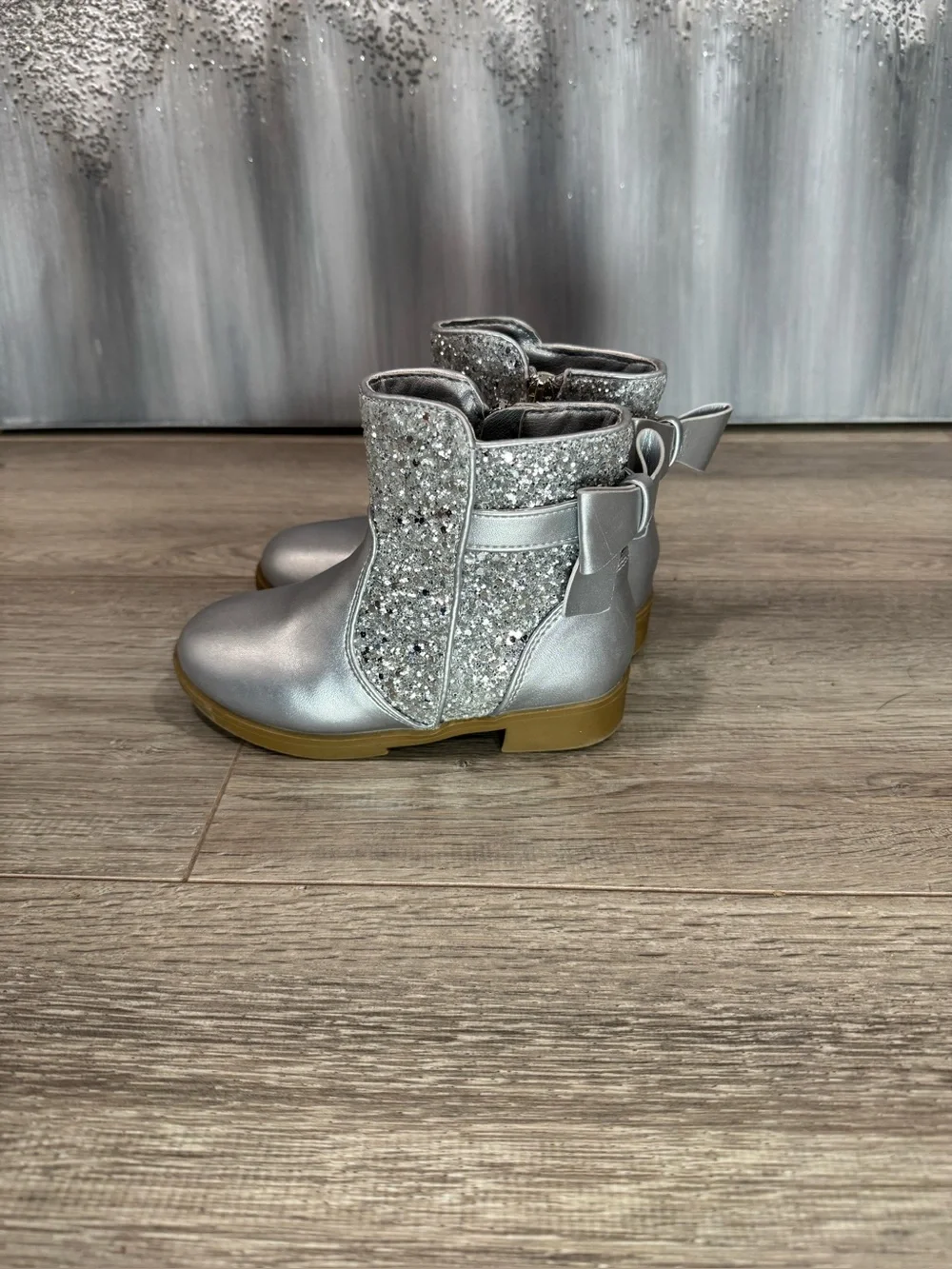 Sparkle Bow Kids Silver Ankle Boots